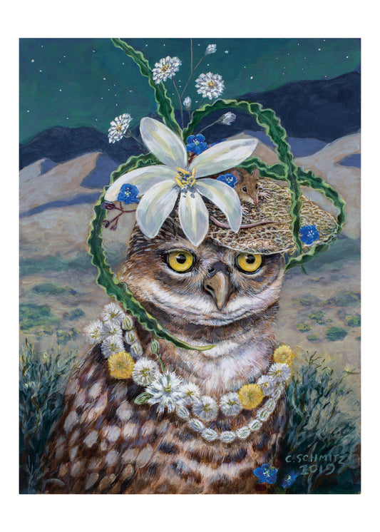 burrowing owl with desert lily and brush mouse
