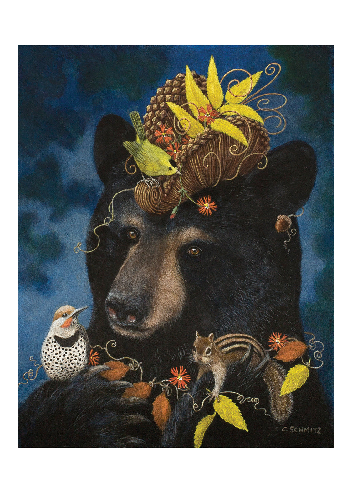 black bear with chipmunk, a Wilson’s Warbler and a Northern Flicker