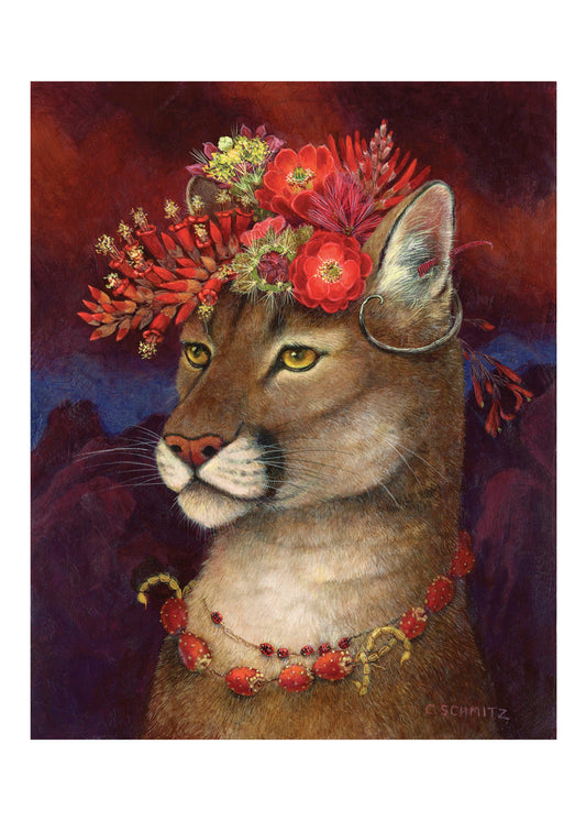 cougar with ocotillo, cholla and hedgehog cactus, chuparosa