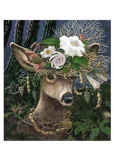 mule deer with sacred datura and evening primrose with curls of scorpion tails