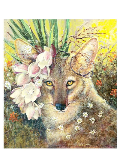 coyote with Mojave yucca leaves and blossoms, devil’s claws, eriogonum, and gravel ghost flowers
