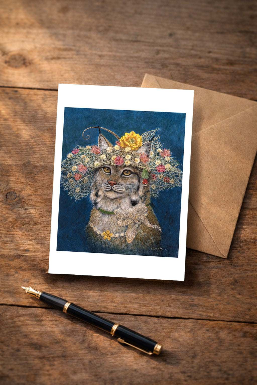 Bobcat in the Afternoon - Bobcat Greeting Card – Nature Lover Gift – Southwest Wildlife Art – Desert Botanical Illustration – Fine Art Card